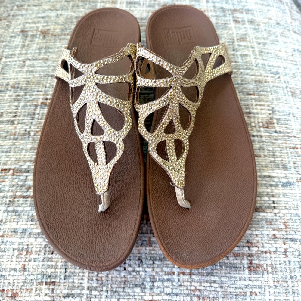 FitFlop Shoes Womens Size 9 Gold Glam Thong Sandals Rhinestone Comfort